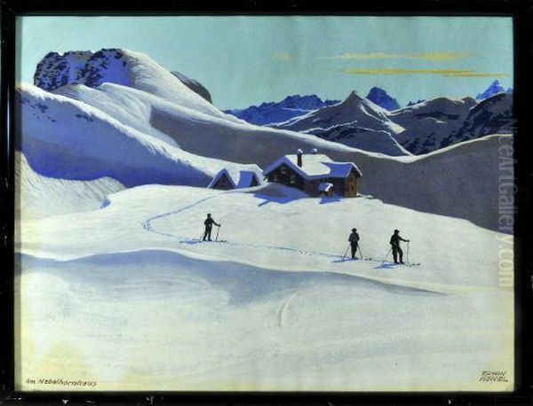 Skifahrer Am Nebelhornhaus In Den Allgauer Alpen Oil Painting by Edwin H.R. Henel