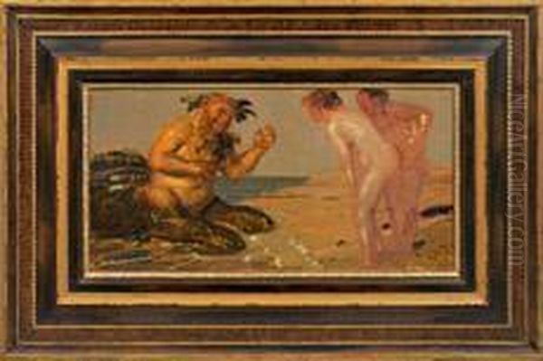 Wassermann Mit Zweimadchenakten Am Strand Oil Painting by Adolf Hengeler