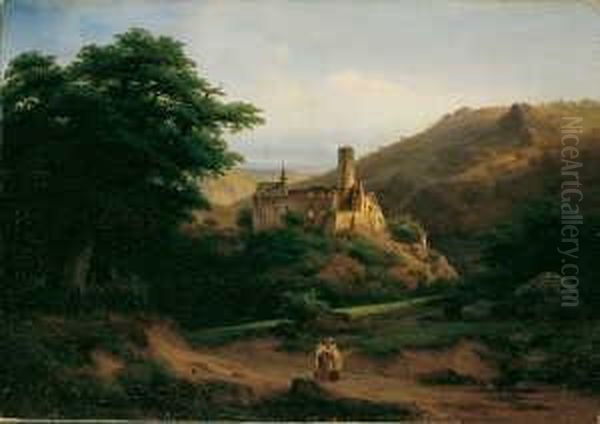 Mittelgebirgslandschaft Mit Burgruine Und Zwei Monchen. Signiert Und Datiert Unten Links: F. Hengsbach 1846. Ol Auf Leinwand (doubliert). H 57; B 80 Cm. Oil Painting by Franz Hengsbach