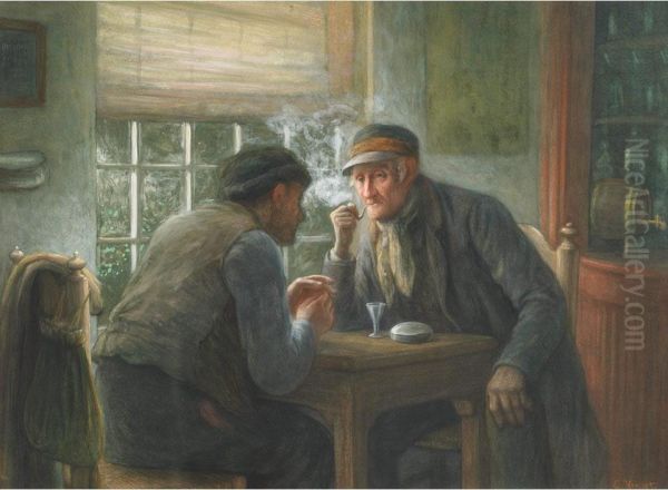 Old Friends Chatting At The Pub Oil Painting by Gerke Henkes