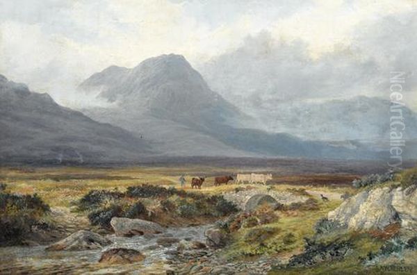 Hugelige Landschaft Mit Hirten Und Rindern. Oil Painting by Henry William Henley