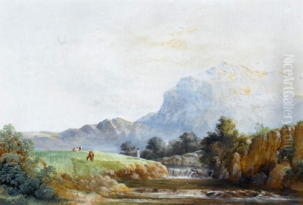 Landscape With Two Cows And A Milkmaid By A Waterfall Oil Painting by W.B. Henley