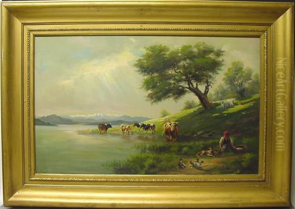 Bauerin Mit Kuhen Und Anderen Tieren An Einem See Oil Painting by Paulus Hennekyn