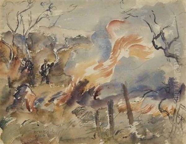 Burning Stubble Oil Painting by Thomas Barclay Hennell