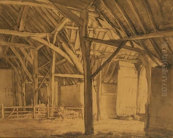 A Barn Interiorsepia Oil Painting by Thomas Barclay Hennell