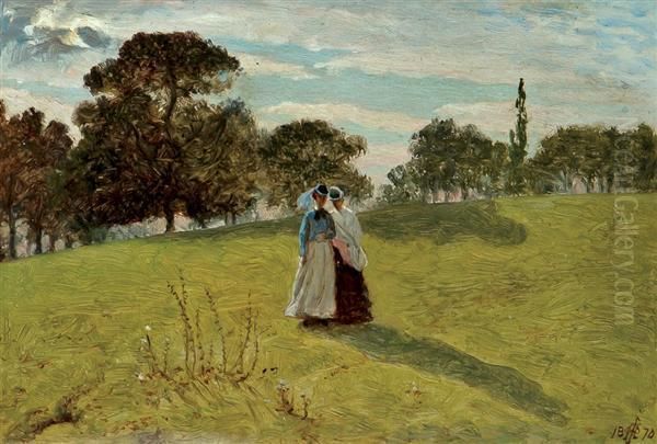 Two Women In A Landscape Oil Painting by William John Hennessy