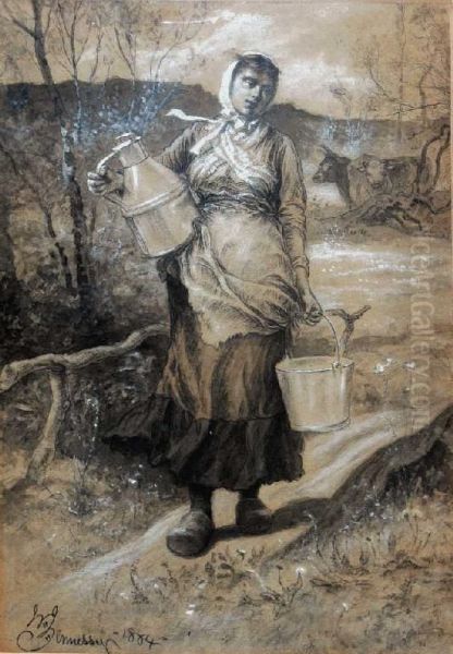 A Milk Maid Carrying A Churn And Abucket Oil Painting by William John Hennessy