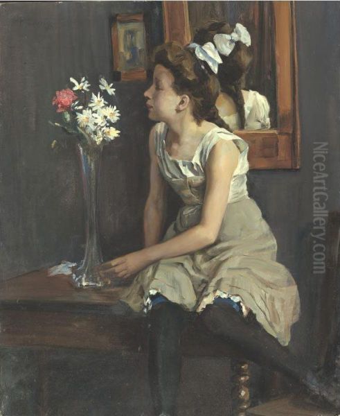 Girl In The Studio With Flowers Oil Painting by Erich Hennig