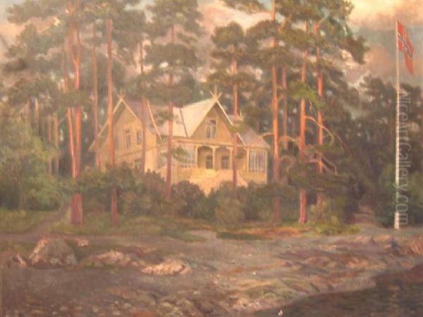 Norwegian Housein A Woodland Oil Painting by Otto Hennig