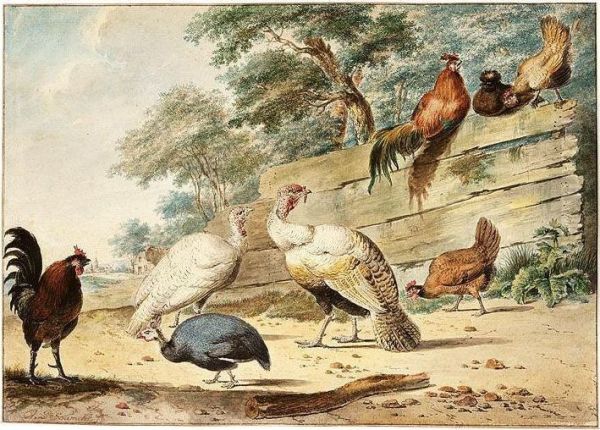 Turkeys, Chickens And A Guinea Fowl By A Wooden Fence Oil Painting by Christiaan Henning