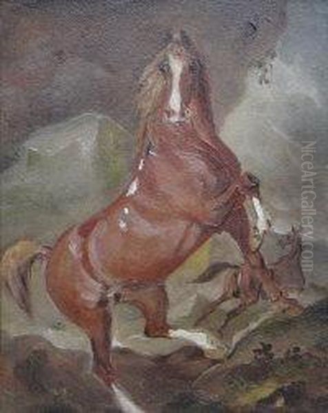 Chestnut Horse Rearing Oil Painting by John, Henning Snr.