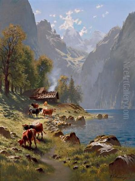 Weide Am Gebirgssee Oil Painting by Johann Friedrich Hennings