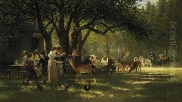 Late Afternoon In The Park Of The Nymphenburg Palace. Families Sitting Around Tables Of A Forest Inn. Signed Bottom Right: J.f. Hennings Munchen Oil Painting by Johann Friedrich Hennings