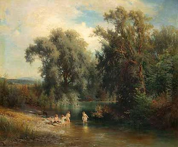 Badende Kinder Im Ammertal Bei Pahl. Oil Painting by Johann Friedrich Hennings