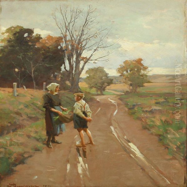 Woman And Boy On The Road Oil Painting by Erik Henningsen