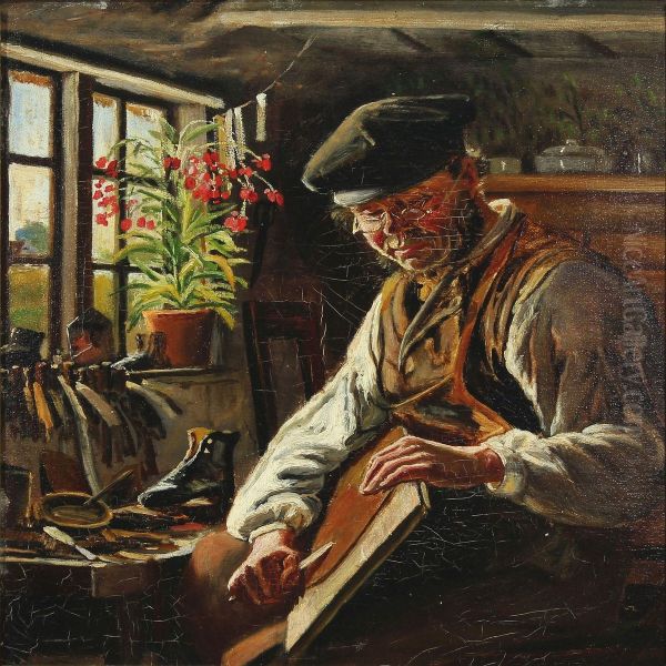 The Shoemaker At Work Oil Painting by Frants Peter Didrik Henningsen