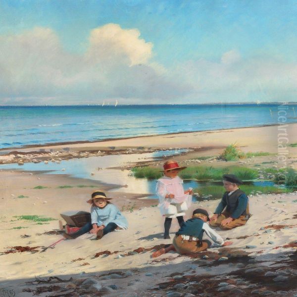 Summer Day On The Beach At Hornb k With Childrenplaying Oil Painting by Frants Peter Didrik Henningsen