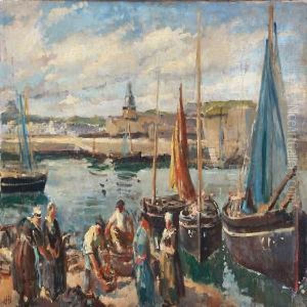 Harbour Scene With Fishermen, Presumably From Brittany by Hans Henningsen