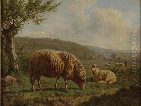 Schapen En Herder In Een Landschap. Oil Painting by George Henrard