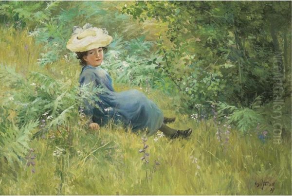 Resting In A Field Oil Painting by Frederic Henriet