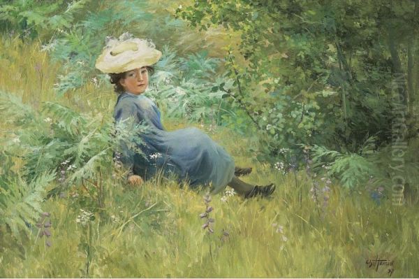 Resting In A Field Oil Painting by Frederic Henriet