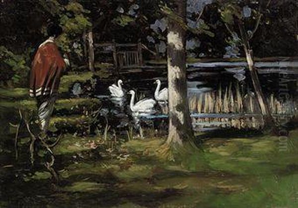 Japanese Woman Beside A Lake With Swans Oil Painting by George Henry