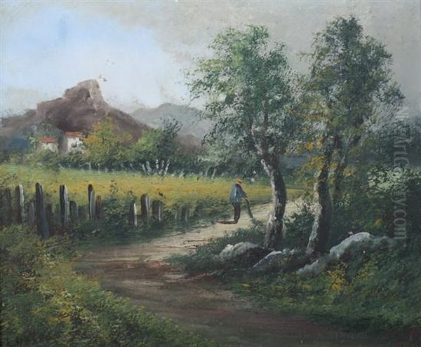 Country Road With Distant Farmhouse Oil Painting by Louis Henry