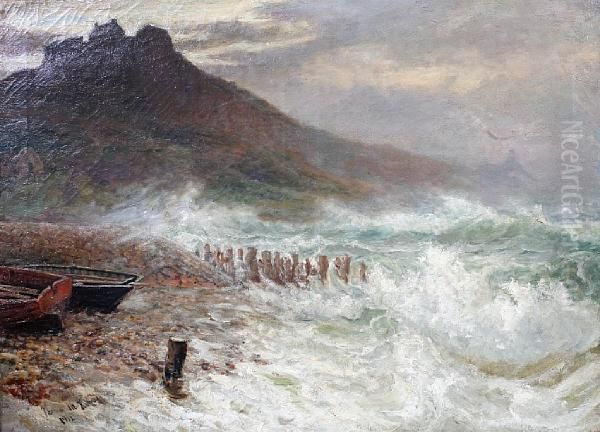 Coastal Scene With Castle - Thought To Bebamburgh Castle Oil Painting by Thomas Marie Henry