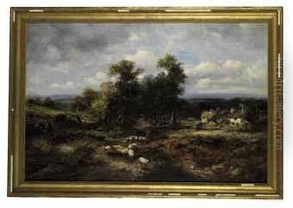 A Shepherd And His Flock On A Country Track, Cottages Beyond Oil Painting by Frederick Henry Henshaw