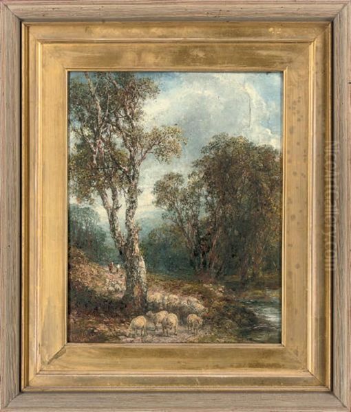 A Shepherd And His Flock By A Stream Oil Painting by Frederick Henry Henshaw