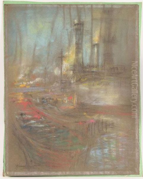 Barges Against Industrial Skyline Oil Painting by Glenn Cooper Henshaw