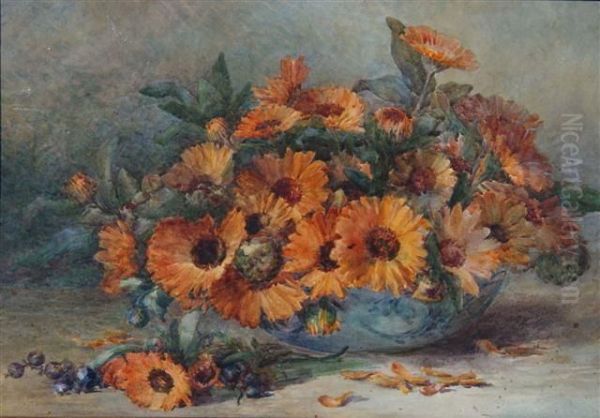 Orange Calendula In A Blue Bowl Oil Painting by Marie Hensley