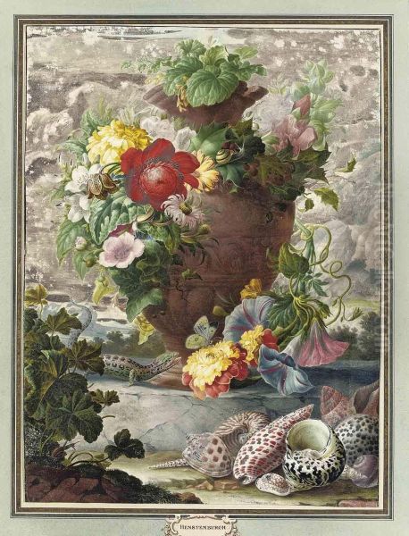 A Spray Of Chrysanthemums, A Fritillary, Pink Hollyhock, Morningglory And A Red Dahlia In An Urn, With Various Shells And A Lizardin The Foreground Oil Painting by Herman Henstenburgh