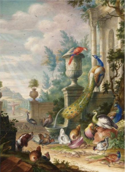 Peacocks, A Parrot And Other Fowl, Watched By A Spaniel, In A Classical Park Landscape Oil Painting by Herman Henstenburgh