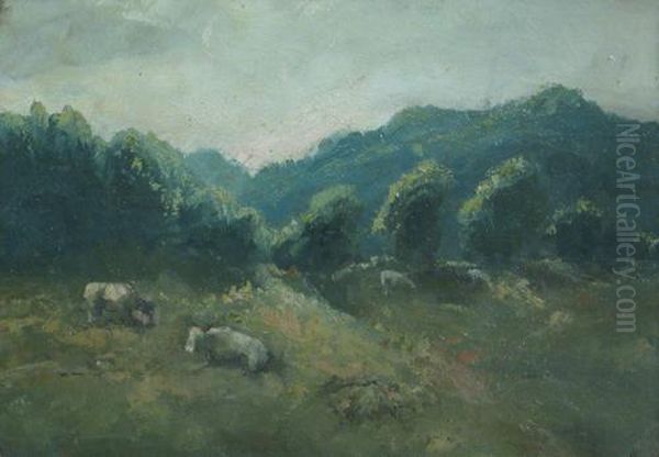 Cattle Grazing Oil Painting by Alexandru Hentia