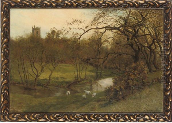 Sheep Grazing By A River Oil Painting by George Moore Henton