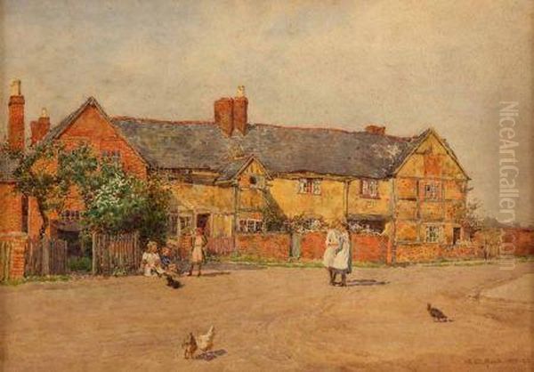 Inscribed To Label Verso Cottages On The Green Oil Painting by George Moore Henton