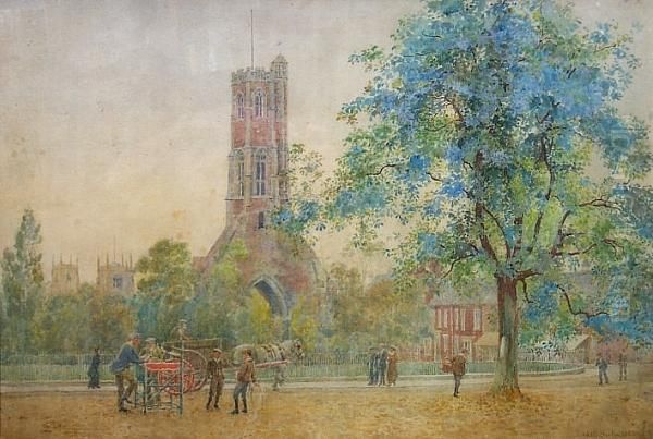 Figures And A Horse And Cart At Greyfriar's Church, Kings Lynn Oil Painting by George Moore Henton