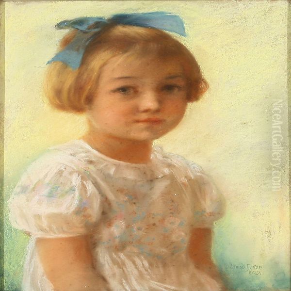 Portrait Of A Young Girl With Blue Bow In Her Hair Oil Painting by Gudmund Hentze