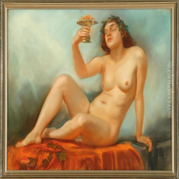 Naked Woman Holding A Centrepiece With Jewellery Oil Painting by Gudmund Hentze