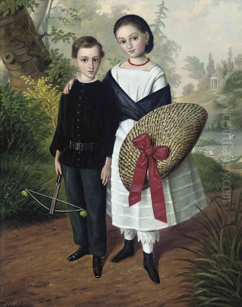 Portrait Of A Brother And Sister, Full-length, He In A Black Suitholding A Bow, She In A White Dress With A Black Shawl Holding Ahat, In A Landscape Oil Painting by Thomas Henwood