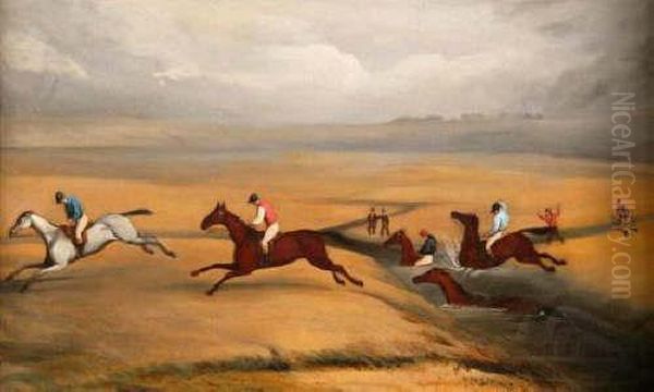 Indistinctly Signed And Dated 1850 Oilon Canvas Titled steeple Chasing 13 X 22 Oil Painting by Thomas Henwood