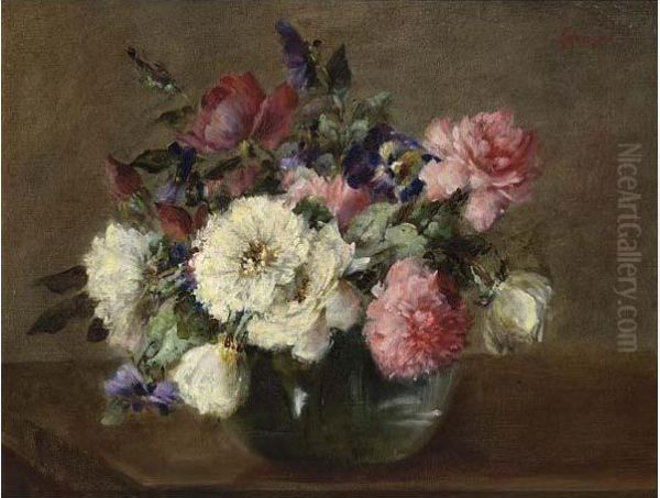 A Flower Still Life With Peonies In A Glass Vase Oil Painting by Sara Henze