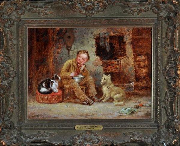 A Boy Seated At A Fireside Accompanied By His Cat And His Dog Oil Painting by George Hepper