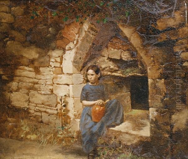 A Girl Seated In A Stone Arch Oil Painting by George Hepper