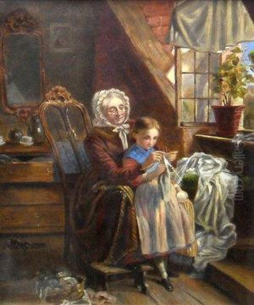 A Young Girl By Her Grandmother Oil Painting by George Hepper