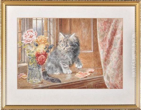 A Kitten On A Window Shelf Inspecting A Vase Of Flowers Oil Painting by Wilson Hepple