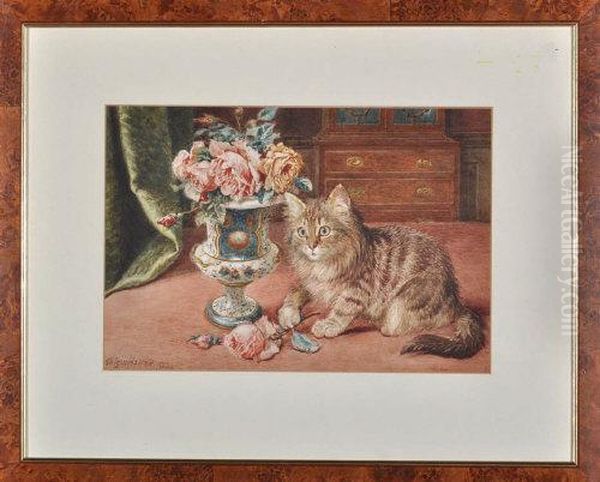 Kitten And A Vase Of Roses Oil Painting by Wilson Hepple