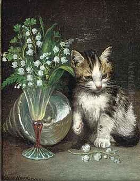 A Kitten With A Shell And Flowers In A Glass Vase Oil Painting by Wilson Hepple