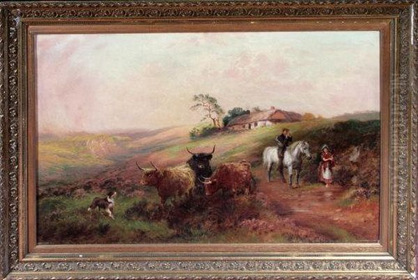 A Highland Crofter And His Wife With Their Dog And Three Long-horn Cattle Oil Painting by Wilson Hepple